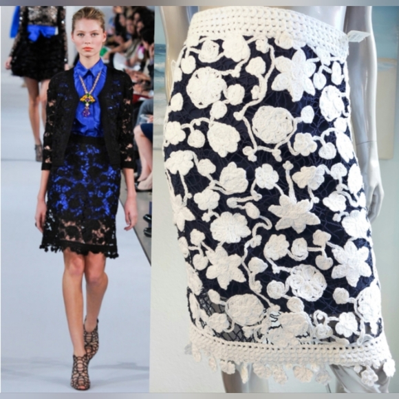 $2,490 NEW W. TAG OSCAR DE LA RENTA WHT NAVY FLORAL RUNWAY SKIRT US XS - Picture 1 of 9